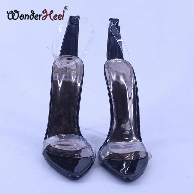 Wonderheel Summer Extreme Ultra Thin Heel 13cm Stiletto Heel Sexy Pointed Toe Ankle Straps Transparent High Heels Sandals