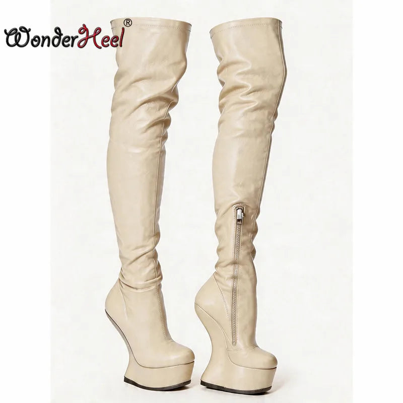 Wonderheel 14cm Wedge Heels 4cm Platform Matte Leather Half Zipper Sexy Lady Thigh High Boots Larger Size Women's Footwear