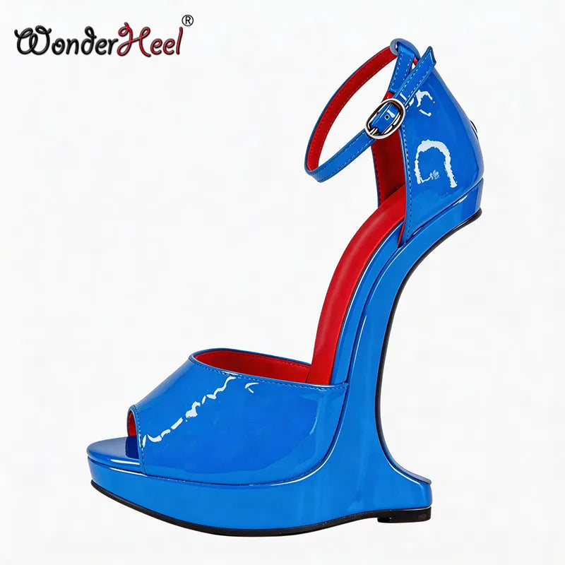 Wonderheel 18cm Wedges with 3cm Platform High Heel Sandals Patent Leather Peep Toe Ankle Straps Sexy Shoes Big Size