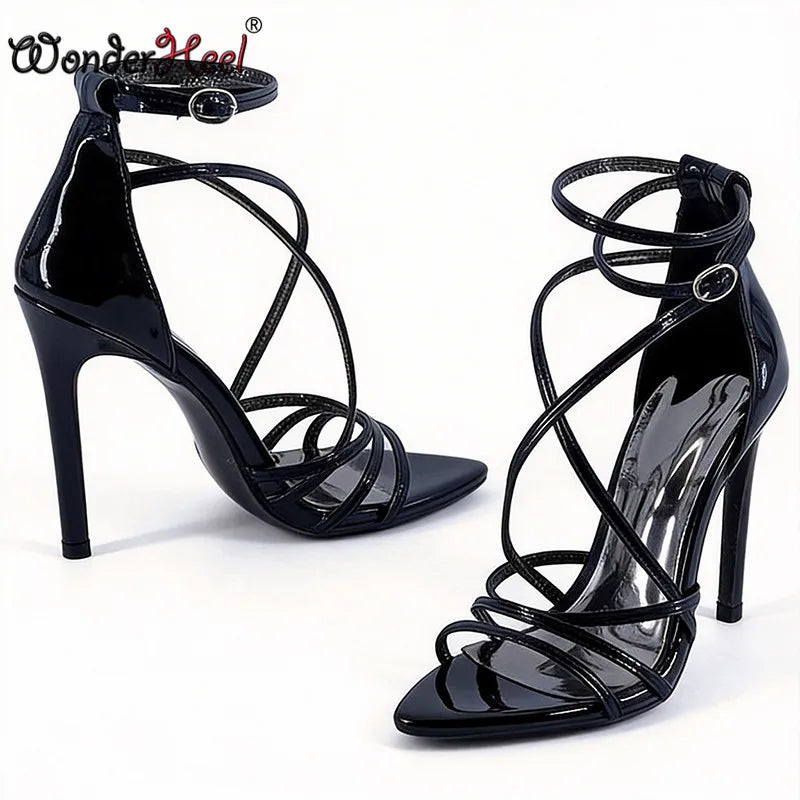 Wonderheel summer 13cm Stiletto heels Patent Leather Sexy High Heels Ankle Straps Fashion Women Sandals Big size EU46