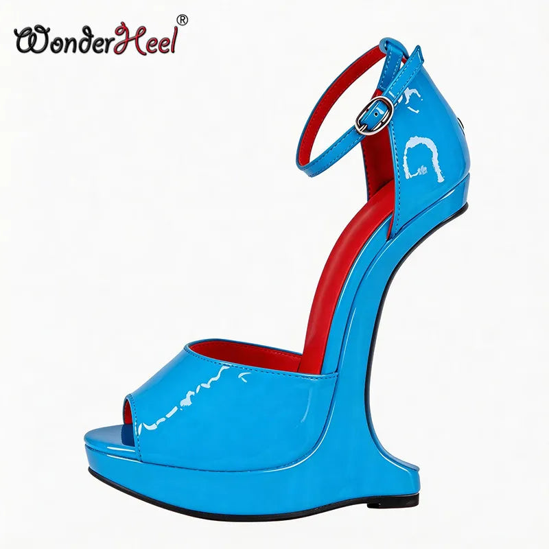 Wonderheel 18cm Wedges with 3cm Platform High Heel Sandals Patent Leather Peep Toe Ankle Straps Sexy Shoes Big Size