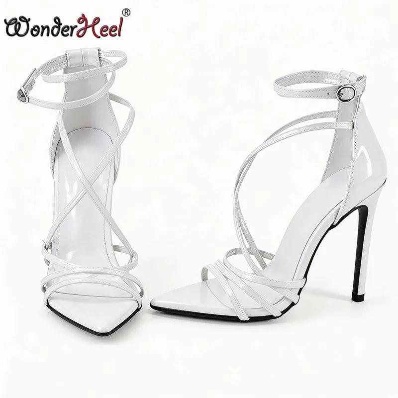 Wonderheel summer 13cm Stiletto heels Patent Leather Sexy High Heels Ankle Straps Fashion Women Sandals Big size EU46