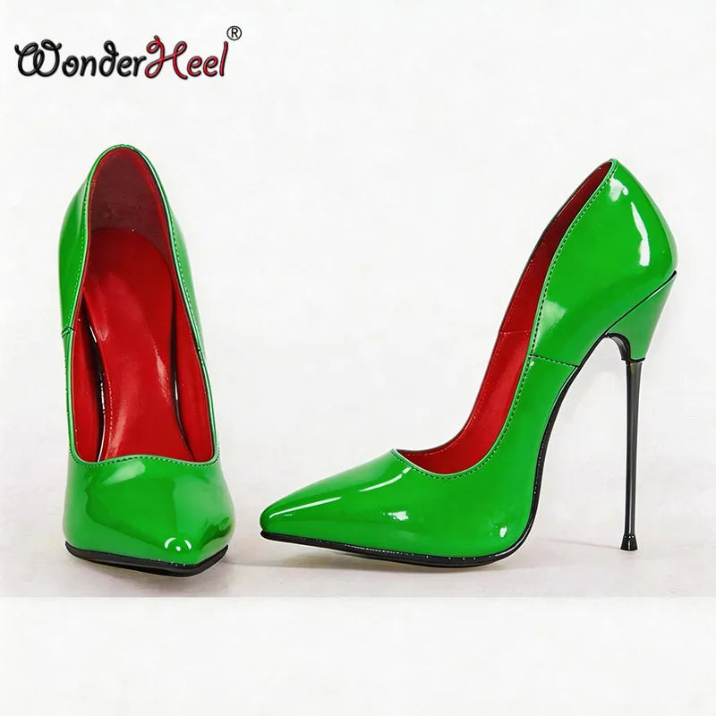 Wonderheel 16cm Ultra thin metal heels Patent Pointed toe Women High heels Super girls Nightclub Slip on Sexy Shoes Big Size