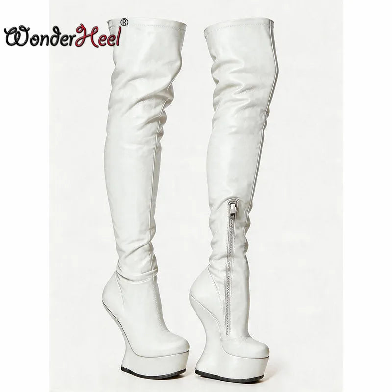 Wonderheel 14cm Wedge Heels 4cm Platform Matte Leather Half Zipper Sexy Lady Thigh High Boots Larger Size Women's Footwear