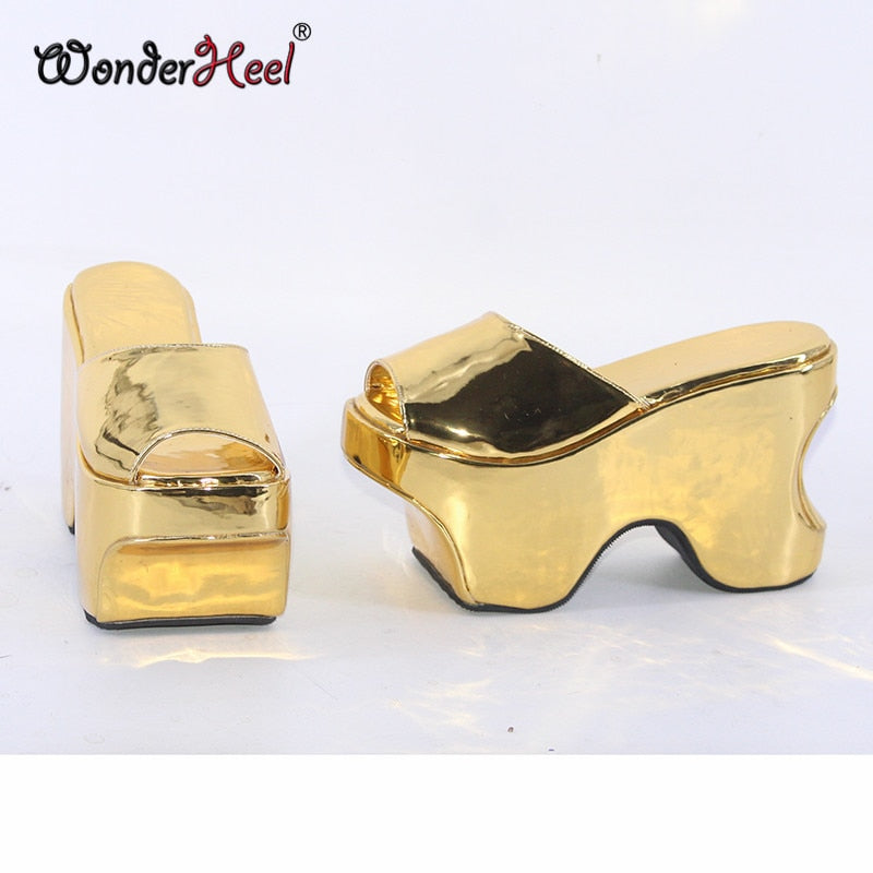 Wonderheel 12cm Height Increasing Heels Platform Japanese Modern Women Sandals Mirror Leather Slip on Big Size Dropshipping