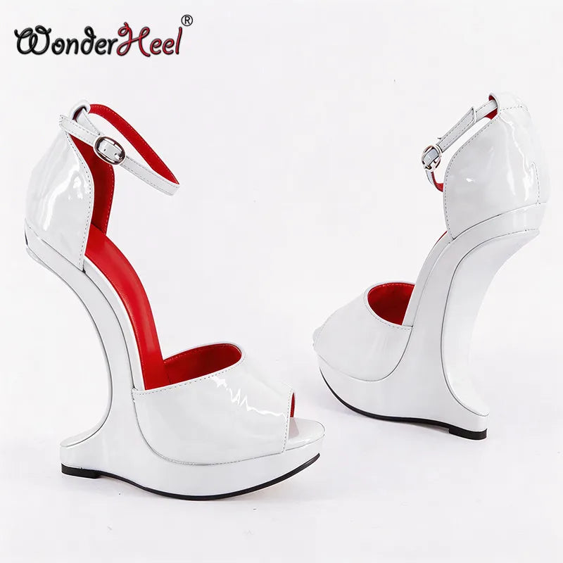 Wonderheel 18cm Wedges with 3cm Platform High Heel Sandals Patent Leather Peep Toe Ankle Straps Sexy Shoes Big Size