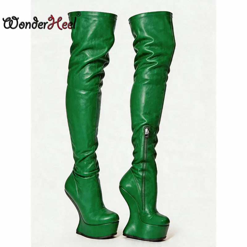 Wonderheel 14cm Wedge Heels 4cm Platform Matte Leather Half Zipper Sexy Lady Thigh High Boots Larger Size Women's Footwear