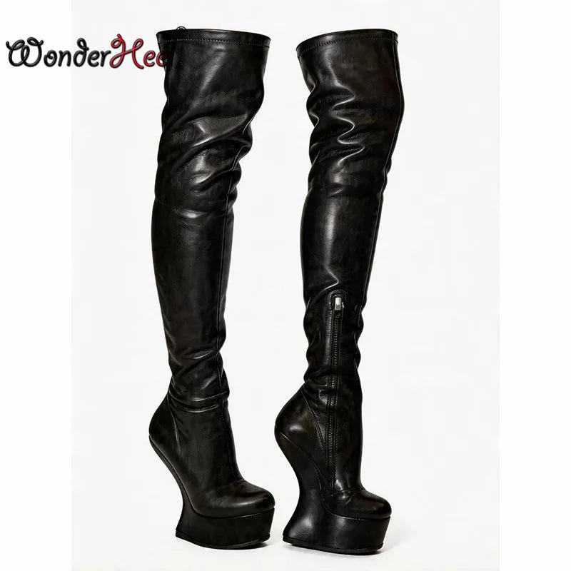 Wonderheel 14cm Wedge Heels 4cm Platform Matte Leather Half Zipper Sexy Lady Thigh High Boots Larger Size Women's Footwear