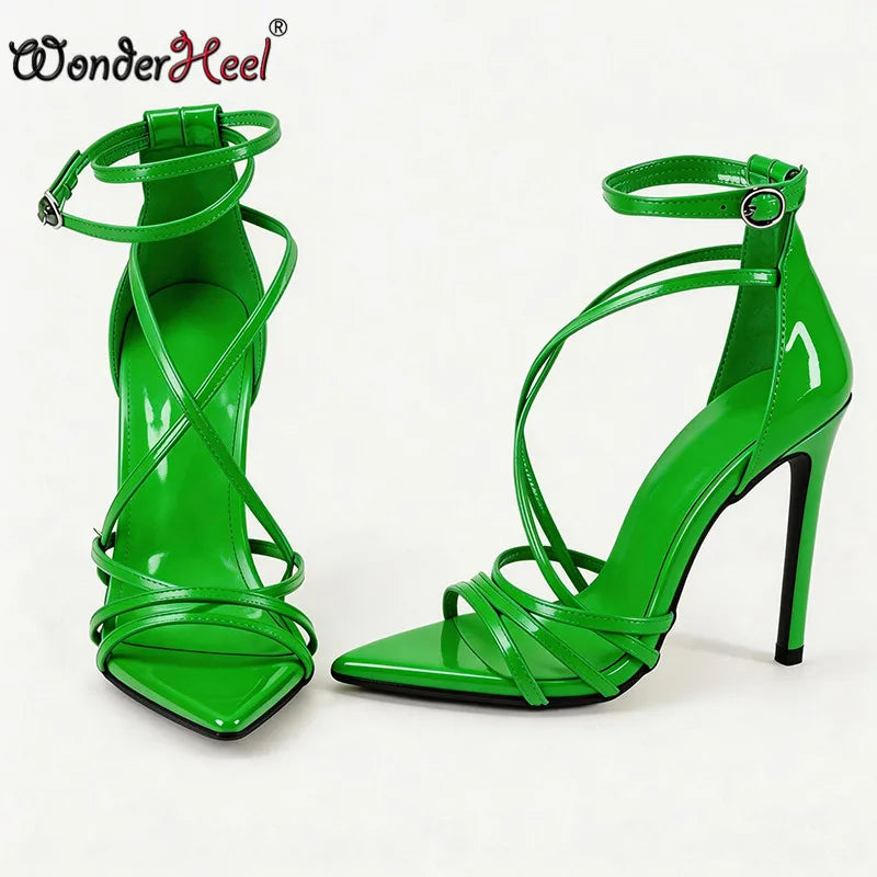 Wonderheel summer 13cm Stiletto heels Patent Leather Sexy High Heels Ankle Straps Fashion Women Sandals Big size EU46