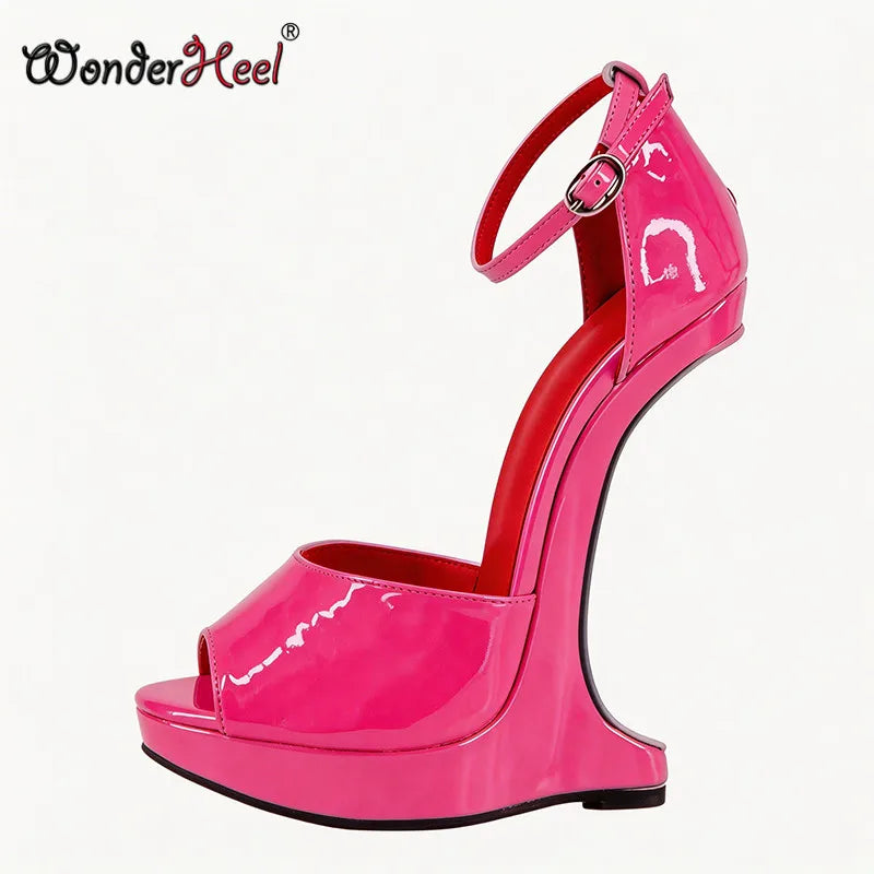 Wonderheel 18cm Wedges with 3cm Platform High Heel Sandals Patent Leather Peep Toe Ankle Straps Sexy Shoes Big Size