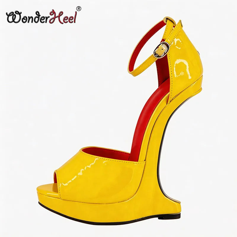 Wonderheel 18cm Wedges with 3cm Platform High Heel Sandals Patent Leather Peep Toe Ankle Straps Sexy Shoes Big Size