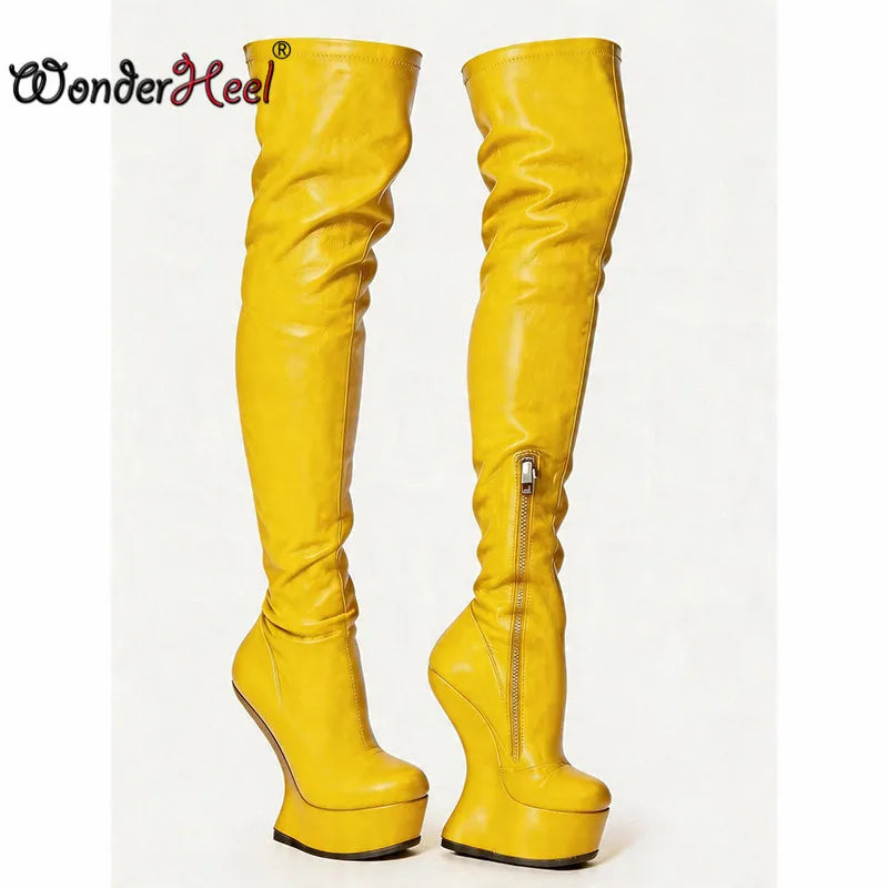 Wonderheel 14cm Wedge Heels 4cm Platform Matte Leather Half Zipper Sexy Lady Thigh High Boots Larger Size Women's Footwear