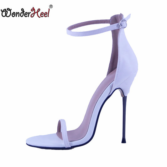 Wonderheel 13cm Ultra Thin Metal Heel Sandals Round Toe High Heels Ankle Straps Biggest Size US13 Summer