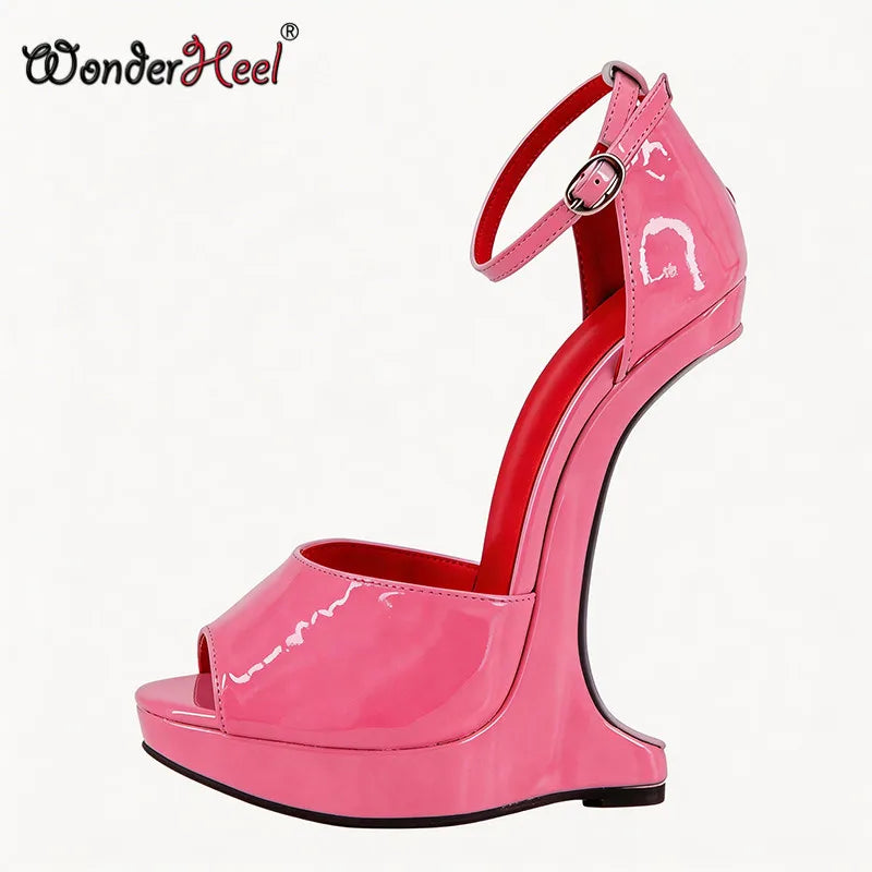 Wonderheel 18cm Wedges with 3cm Platform High Heel Sandals Patent Leather Peep Toe Ankle Straps Sexy Shoes Big Size