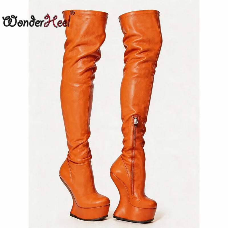 Wonderheel 14cm Wedge Heels 4cm Platform Matte Leather Half Zipper Sexy Lady Thigh High Boots Larger Size Women's Footwear
