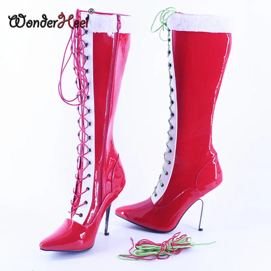 Wonderheel 12cm Stiletto heel Pointed Toe Mixed Colors Christmas High Heel Sexy Girls Nightclub Lacing Knee High Boots
