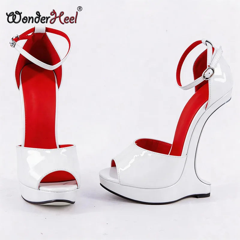 Wonderheel 18cm Wedges with 3cm Platform High Heel Sandals Patent Leather Peep Toe Ankle Straps Sexy Shoes Big Size