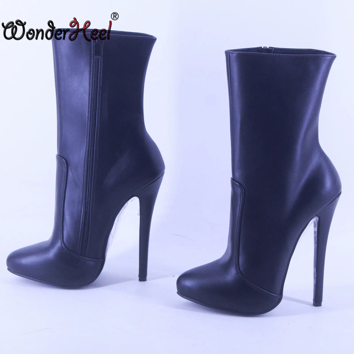 Wonderheel 16cm Stiletto Heel Matte Leather round Toe High Heel Ankle Boots Sexy Super Women Nightclub Party Larger Size US13