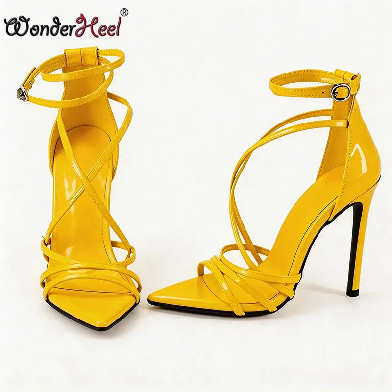 Wonderheel summer 13cm Stiletto heels Patent Leather Sexy High Heels Ankle Straps Fashion Women Sandals Big size EU46