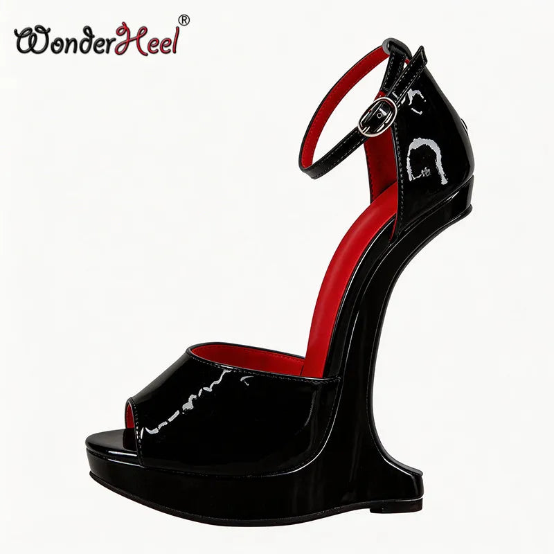 Wonderheel 18cm Wedges with 3cm Platform High Heel Sandals Patent Leather Peep Toe Ankle Straps Sexy Shoes Big Size