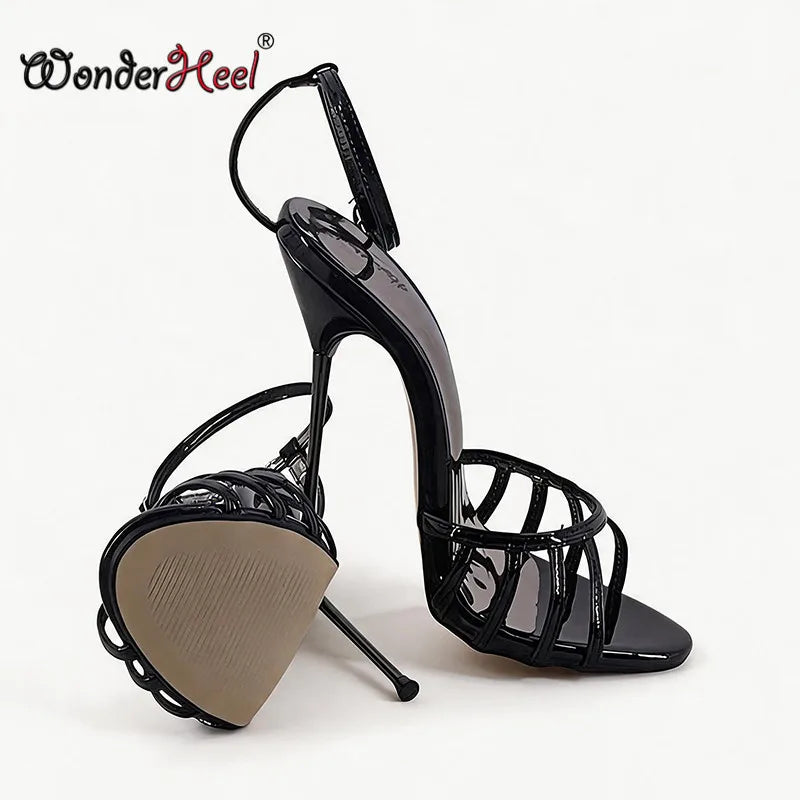 Wonderheel Ultra Thin Stiletto Heel Sandals 16cm Round Toe Ankle Straps High Heels for Women Summer Nightclub Slim Fit