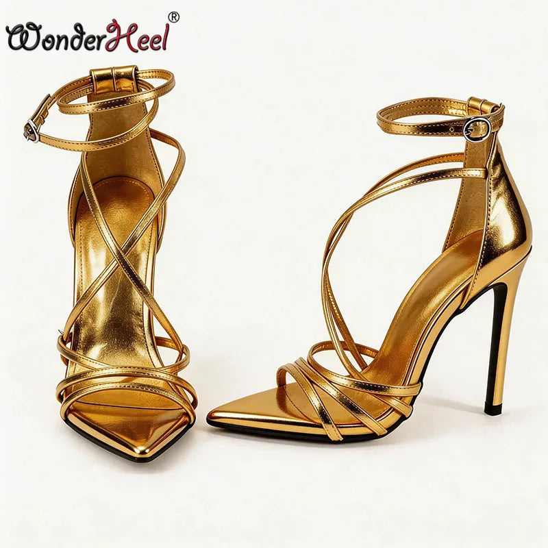 Wonderheel summer 13cm Stiletto heels Patent Leather Sexy High Heels Ankle Straps Fashion Women Sandals Big size EU46