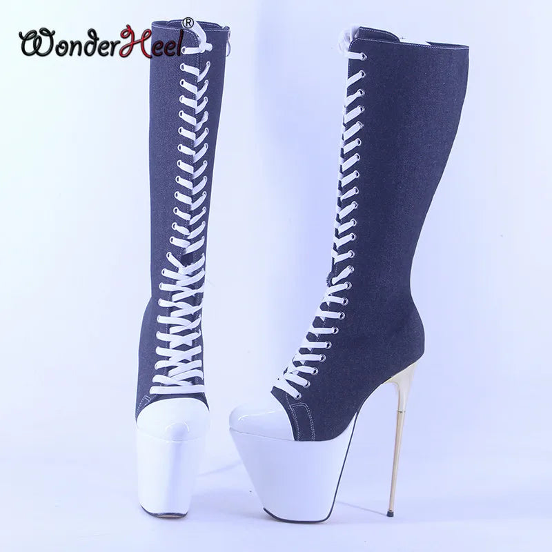 Wonderheel 19cm Thin Metal Heel Knee High Boots with 7cm Platform Pointed Toe Denim Sexy Nightclub Footwear