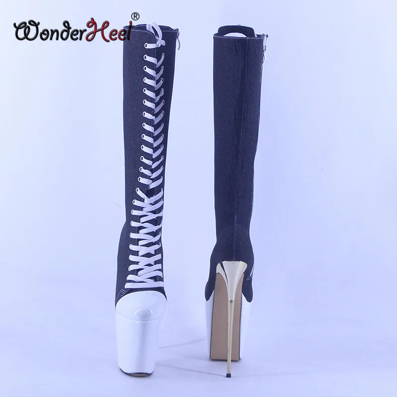 Wonderheel 19cm Thin Metal Heel Knee High Boots with 7cm Platform Pointed Toe Denim Sexy Nightclub Footwear