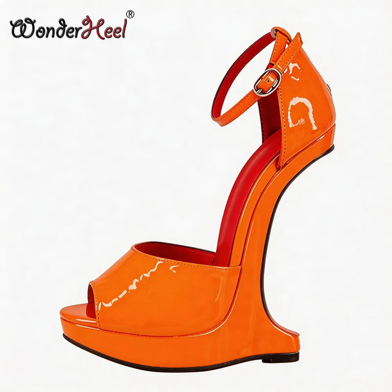Wonderheel 18cm Wedges with 3cm Platform High Heel Sandals Patent Leather Peep Toe Ankle Straps Sexy Shoes Big Size