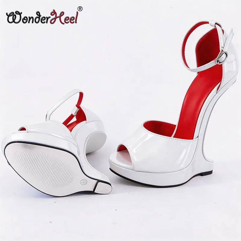 Wonderheel 18cm Wedges with 3cm Platform High Heel Sandals Patent Leather Peep Toe Ankle Straps Sexy Shoes Big Size