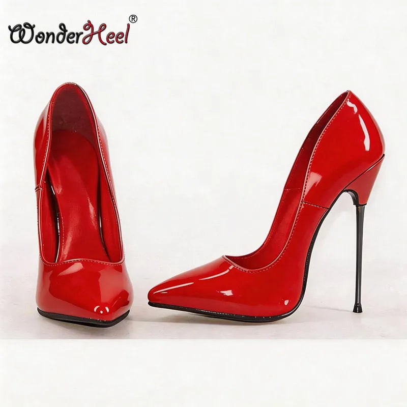 Wonderheel 16cm Ultra thin metal heels Patent Pointed toe Women High heels Super girls Nightclub Slip on Sexy Shoes Big Size