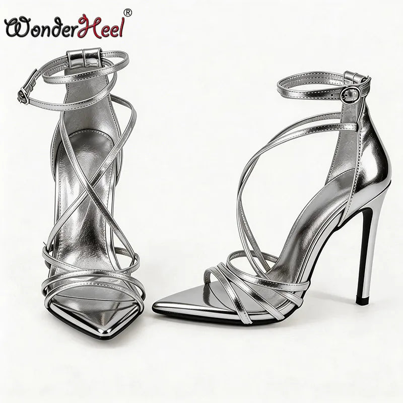 Wonderheel summer 13cm Stiletto heels Patent Leather Sexy High Heels Ankle Straps Fashion Women Sandals Big size EU46