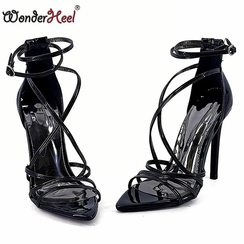 Wonderheel summer 13cm Stiletto heels Patent Leather Sexy High Heels Ankle Straps Fashion Women Sandals Big size EU46