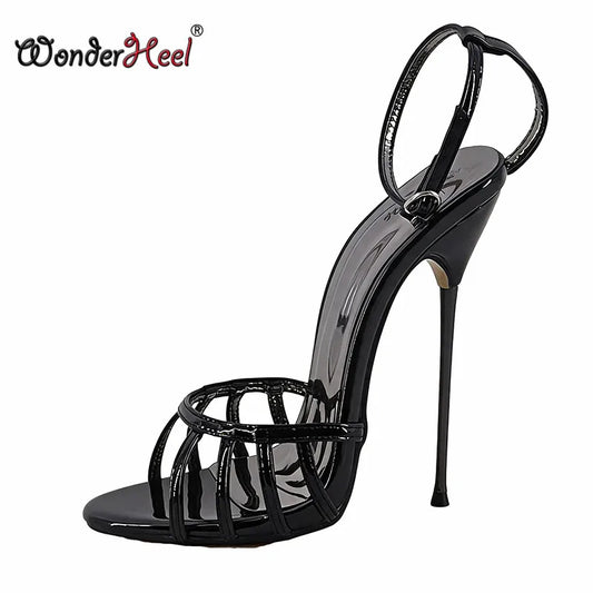 Wonderheel Ultra Thin Stiletto Heel Sandals 16cm Round Toe Ankle Straps High Heels for Women Summer Nightclub Slim Fit