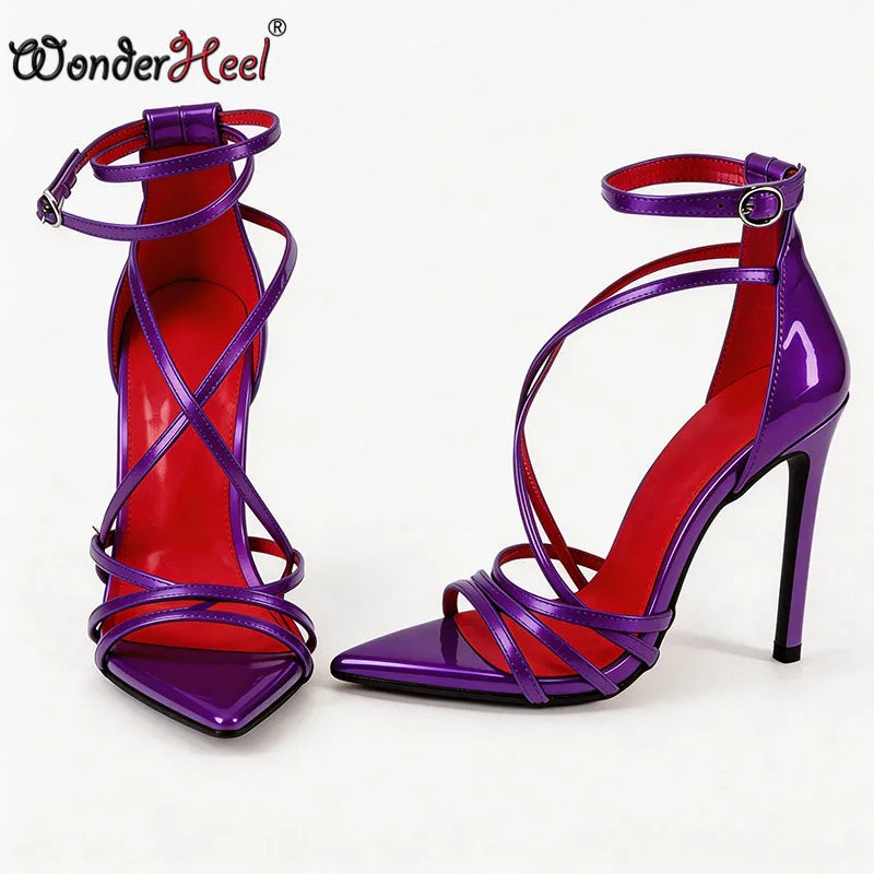 Wonderheel summer 13cm Stiletto heels Patent Leather Sexy High Heels Ankle Straps Fashion Women Sandals Big size EU46