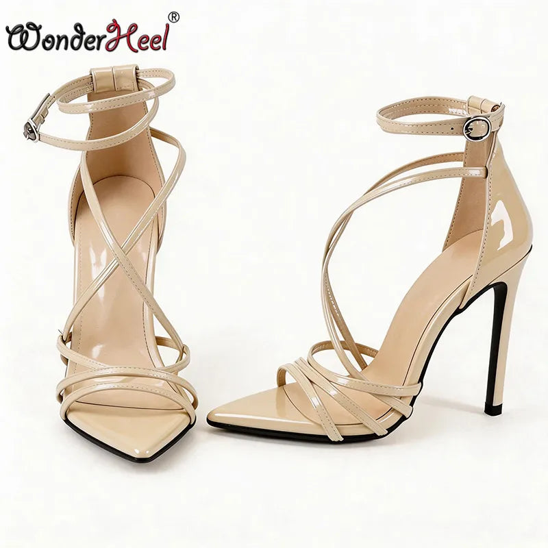Wonderheel summer 13cm Stiletto heels Patent Leather Sexy High Heels Ankle Straps Fashion Women Sandals Big size EU46