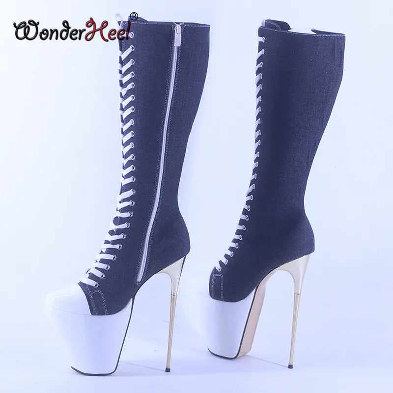 Wonderheel 19cm Thin Metal Heel Knee High Boots with 7cm Platform Pointed Toe Denim Sexy Nightclub Footwear