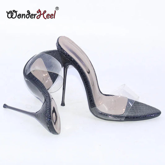 Wonderheel Summer Extreme Ultra Thin Heel 13cm Metal Heel Sexy Pointed Toe Slip On Transparent Slim High Heels Sandals