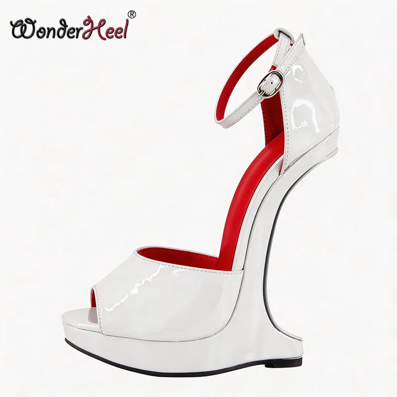Wonderheel 18cm Wedges with 3cm Platform High Heel Sandals Patent Leather Peep Toe Ankle Straps Sexy Shoes Big Size