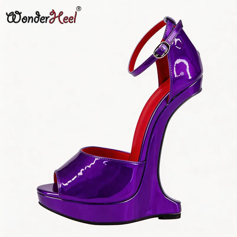 Wonderheel 18cm Wedges with 3cm Platform High Heel Sandals Patent Leather Peep Toe Ankle Straps Sexy Shoes Big Size