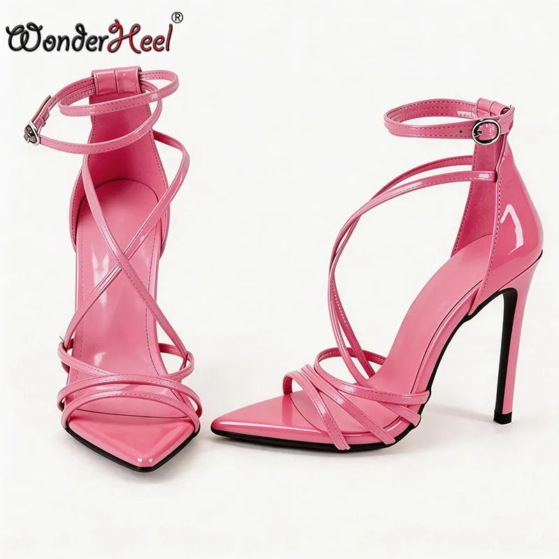 Wonderheel summer 13cm Stiletto heels Patent Leather Sexy High Heels Ankle Straps Fashion Women Sandals Big size EU46