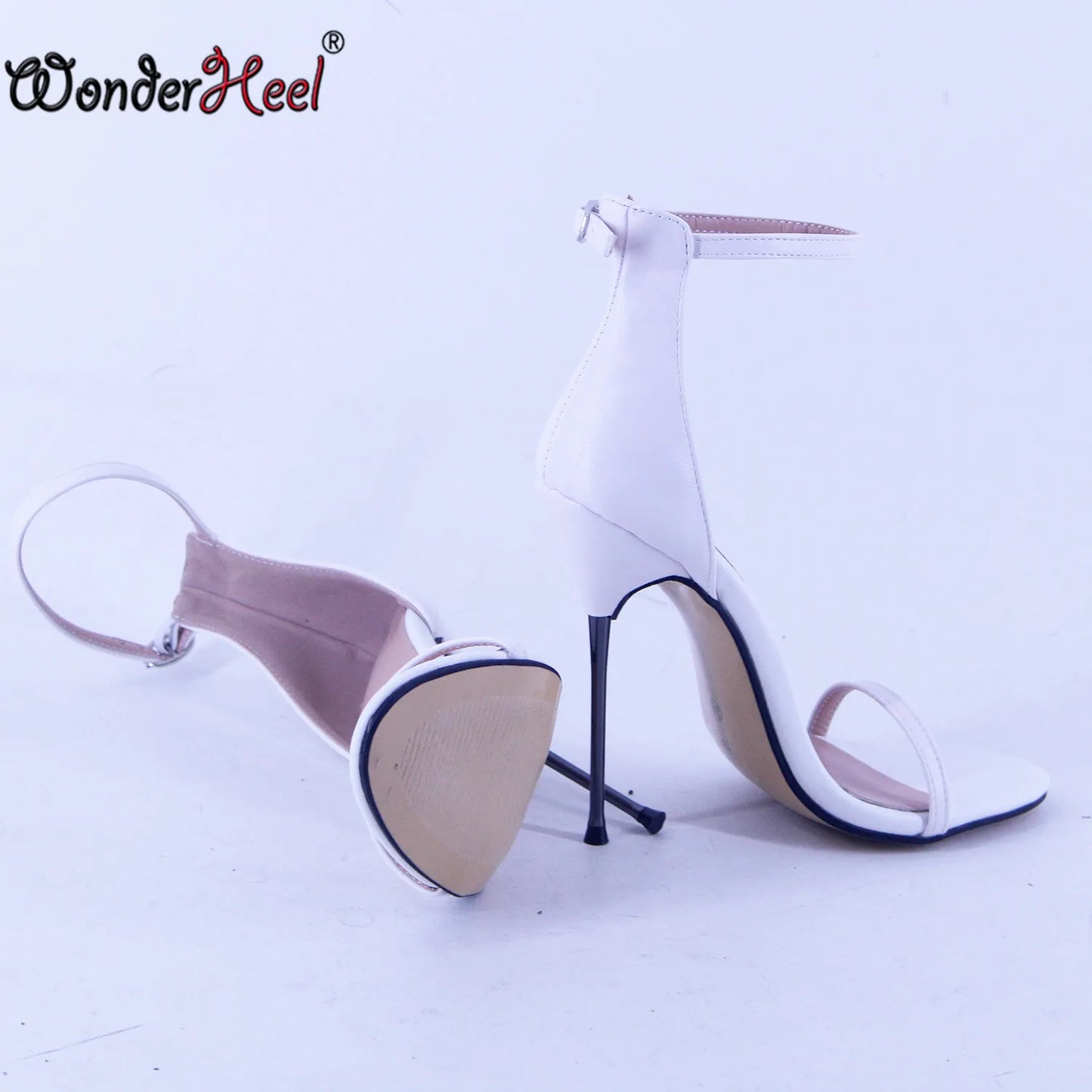 Wonderheel 13cm Ultra Thin Metal Heel Sandals Round Toe High Heels Ankle Straps Biggest Size US13 Summer