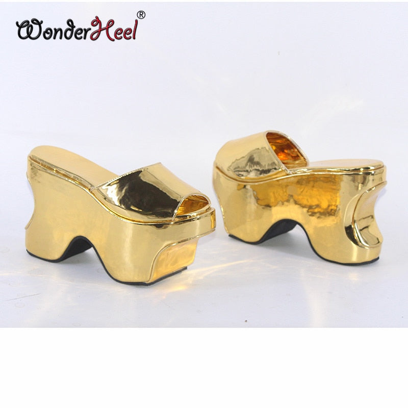 Wonderheel 12cm Height Increasing Heels Platform Japanese Modern Women Sandals Mirror Leather Slip on Big Size Dropshipping