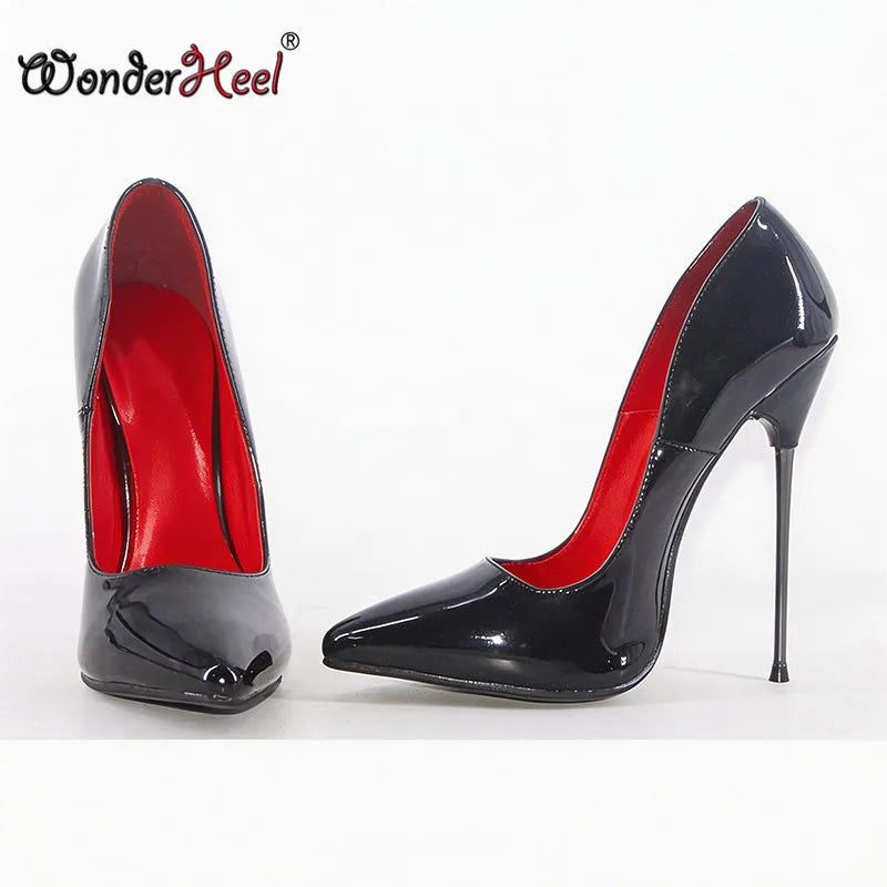 Wonderheel 16cm Ultra thin metal heels Patent Pointed toe Women High heels Super girls Nightclub Slip on Sexy Shoes Big Size