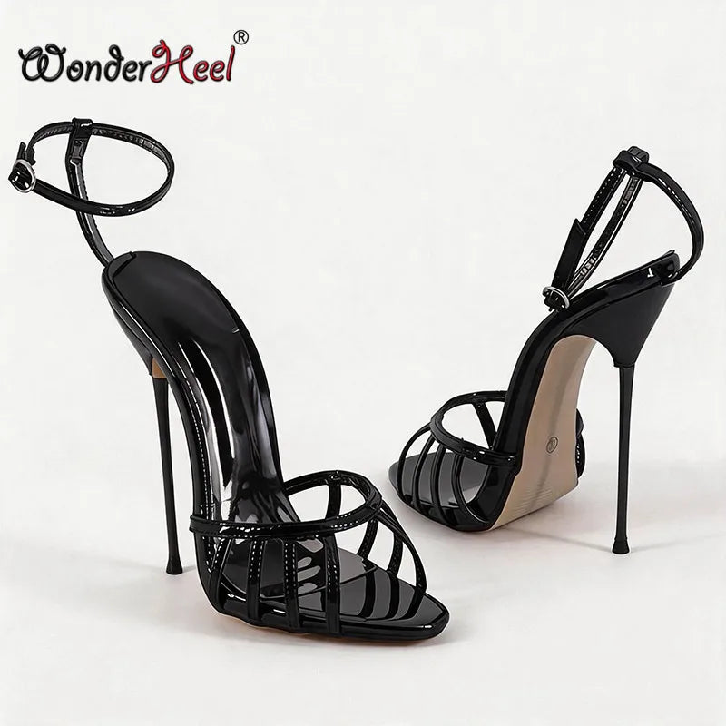 Wonderheel Ultra Thin Stiletto Heel Sandals 16cm Round Toe Ankle Straps High Heels for Women Summer Nightclub Slim Fit