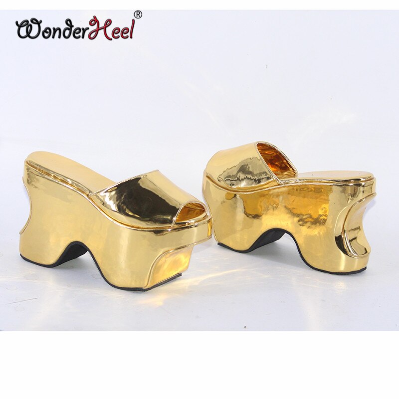 Wonderheel 12cm Height Increasing Heels Platform Japanese Modern Women Sandals Mirror Leather Slip on Big Size Dropshipping