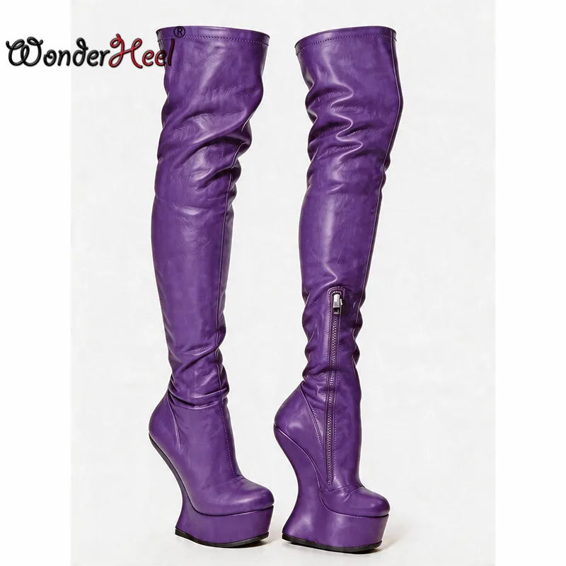 Wonderheel 14cm Wedge Heels 4cm Platform Matte Leather Half Zipper Sexy Lady Thigh High Boots Larger Size Women's Footwear