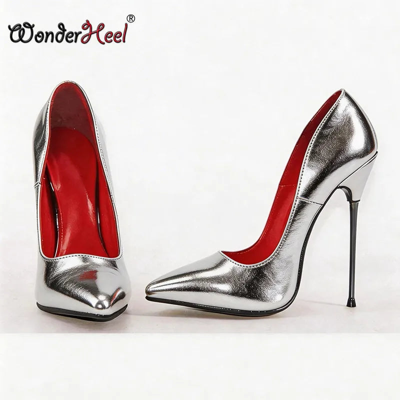 Wonderheel 16cm Ultra thin metal heels Patent Pointed toe Women High heels Super girls Nightclub Slip on Sexy Shoes Big Size