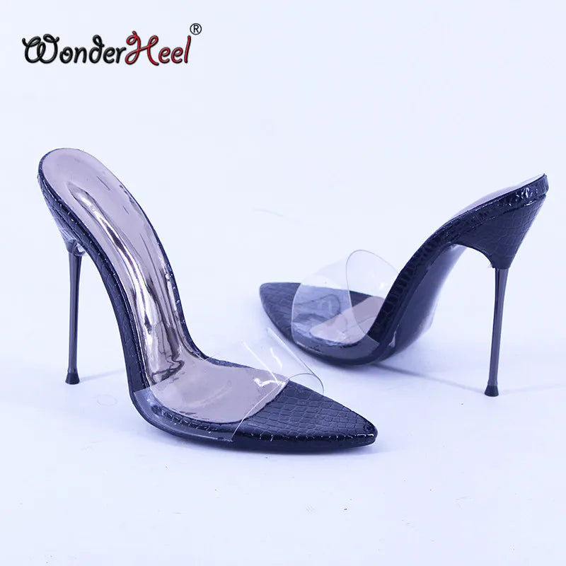 Wonderheel Summer Extreme Ultra Thin Heel 13cm Metal Heel Sexy Pointed Toe Slip On Transparent Slim High Heels Sandals