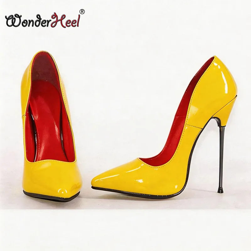 Wonderheel 16cm Ultra thin metal heels Patent Pointed toe Women High heels Super girls Nightclub Slip on Sexy Shoes Big Size